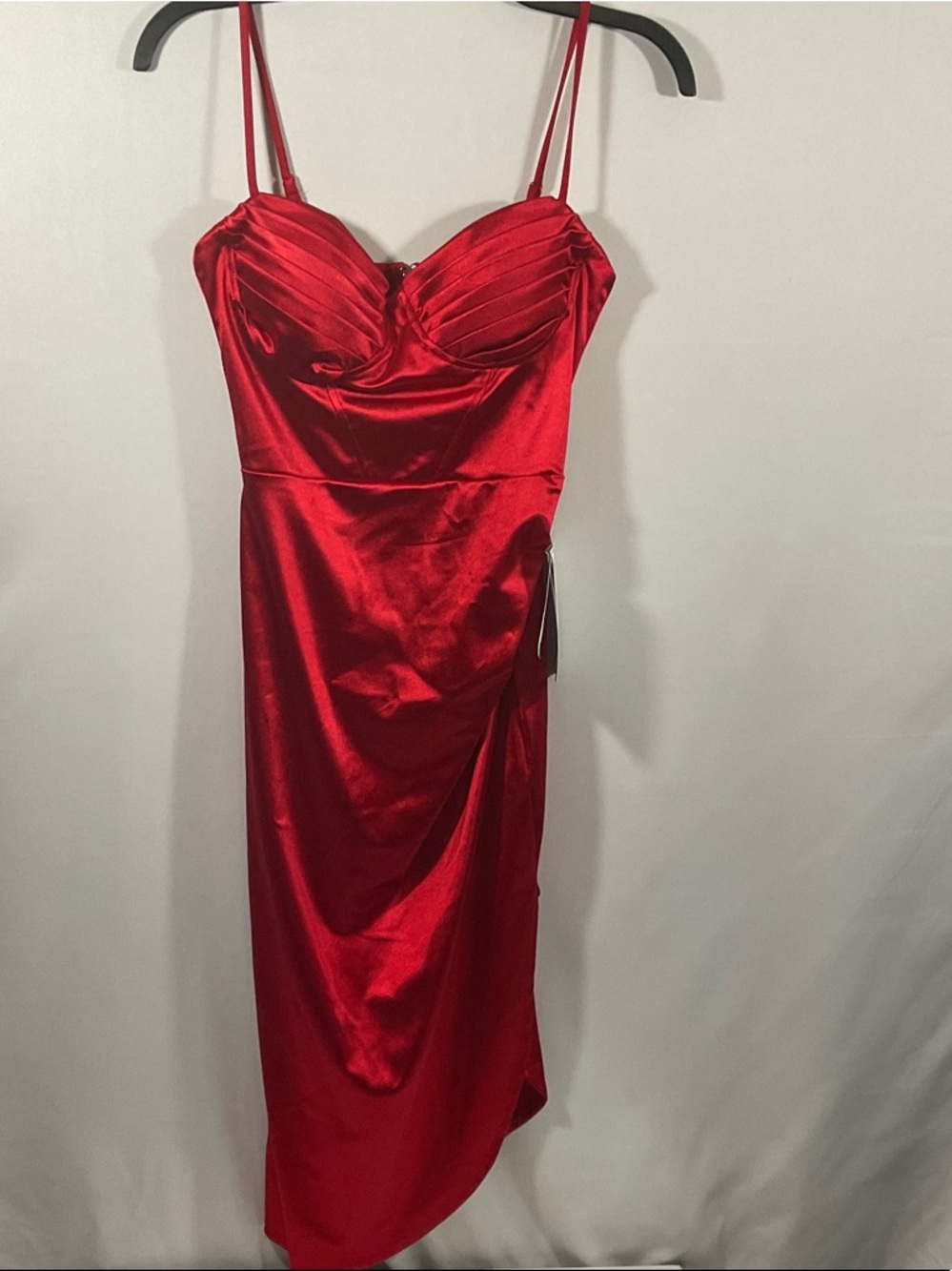 Darling Red Satin Ruched Sweetheart Midi Dress